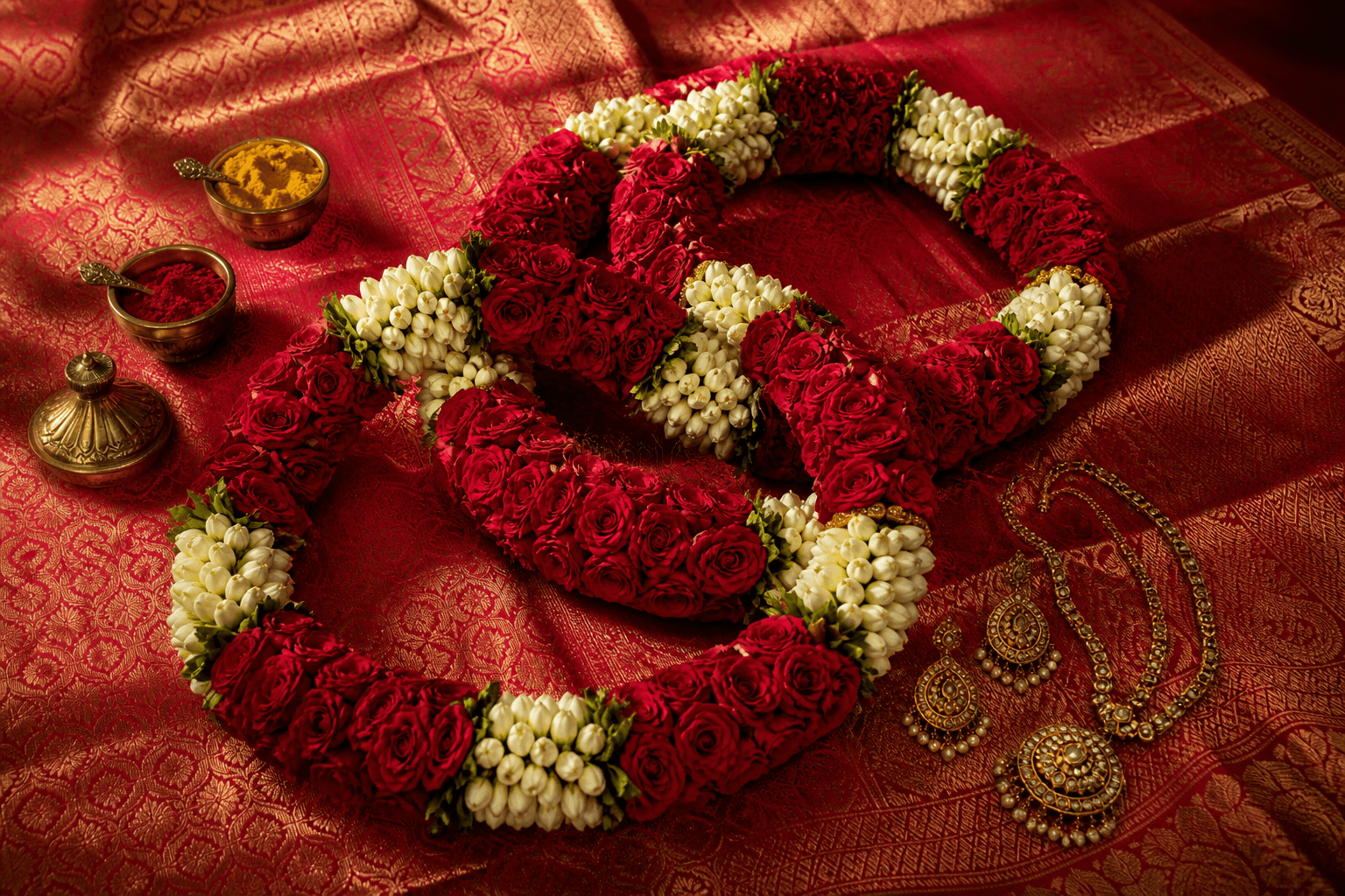 Two wedding garlands on rich red brocade silk